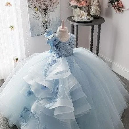 pleated evening gown-Ball Gown Baby Blue Pageant Dresses Birthday Gown for Kid Flower girl Dresses