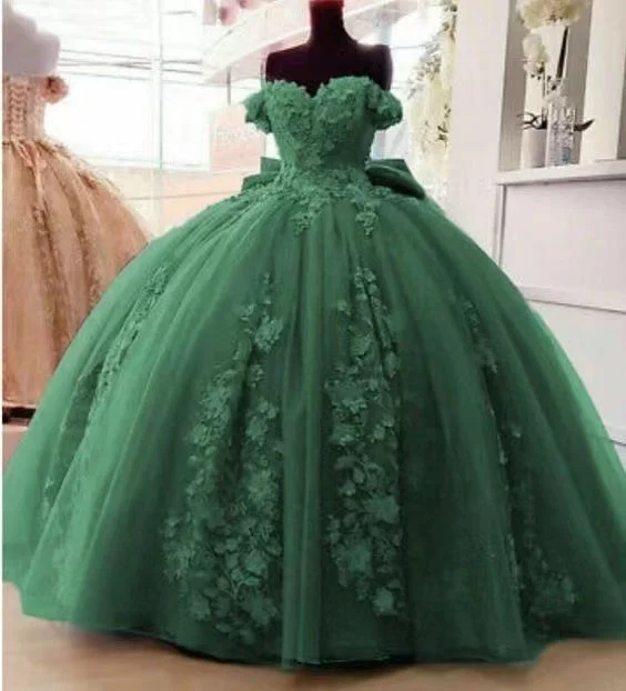 mermaid evening gown-Ball Gown Green Prom Dresses Pageant Gown with Appliques