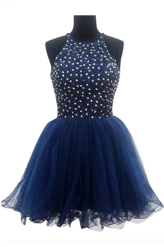 evening gown with beads-Ball Gown Navy Blue Prom Homecoming Dresses