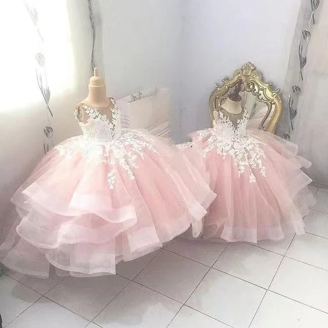 mermaid evening gown-Ball Gown Pink  Flower Girl Dresses with Lace