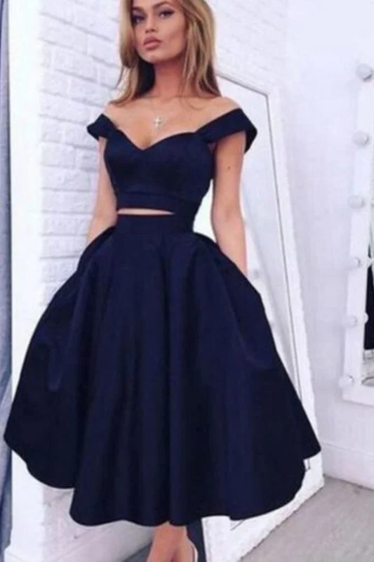 elegant evening wear-Best Fascinating Two Pieces Off Shoulder Navy Blue Homecoming Dresses Short Prom Gowns