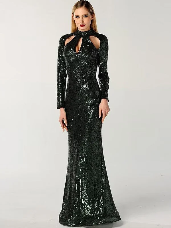 evening dress with shawl-Black Green Long Sleeve Sexy Mermaid Prom Dress