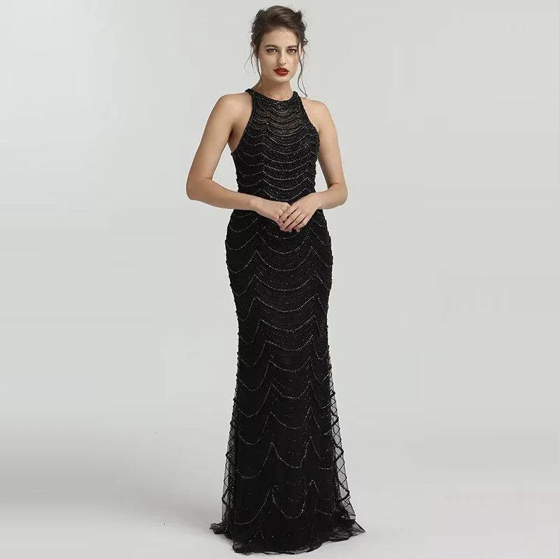 illusion back evening gown-Black Sequin Tulle Mermaid Prom Dress with Sleeveless Design