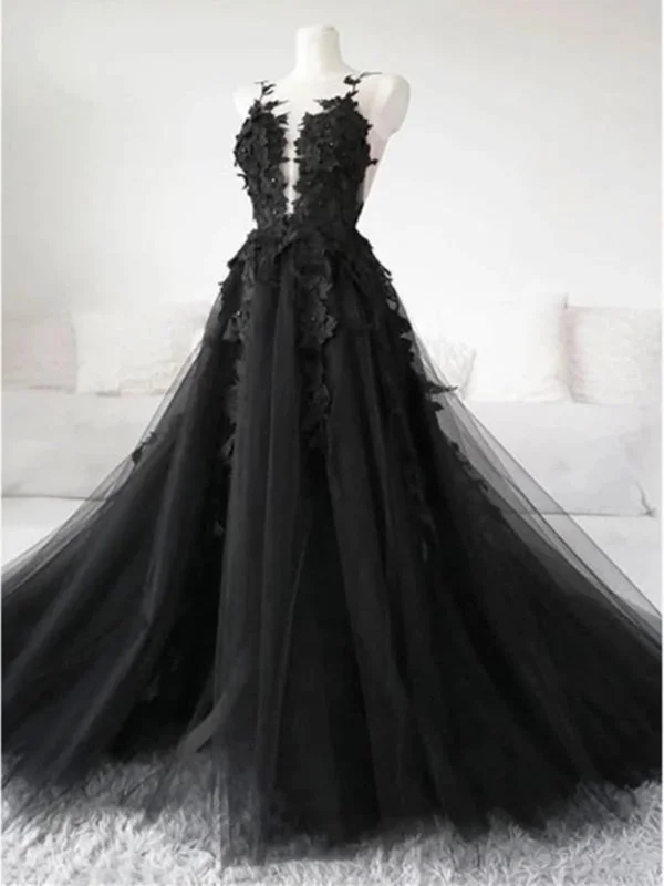 cap sleeve evening gown-Black Tulle Lace Appliques Long Prom, Black Lace Formal, Black Evening