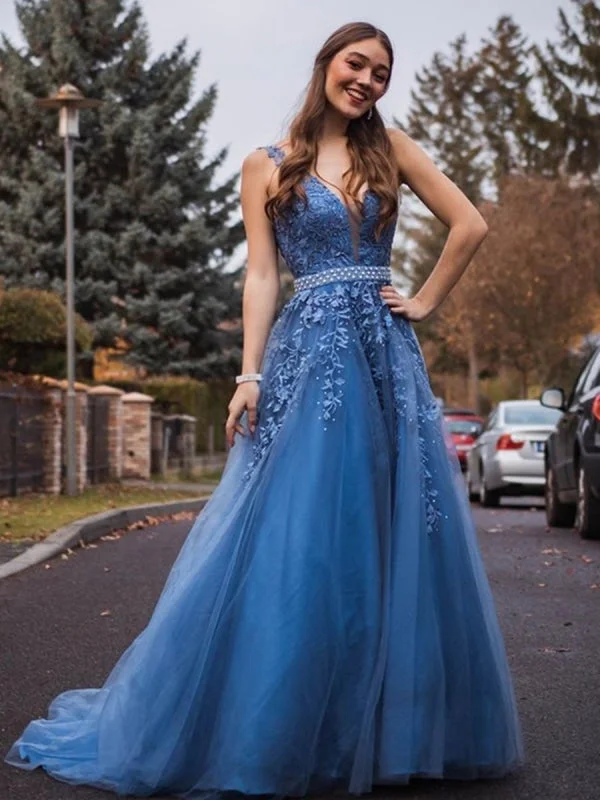 chiffon evening dress-Blue V Neck Tulle Beaded Lace Appliques Long Prom with Belt, Blue Lace Formal, Blue Evening