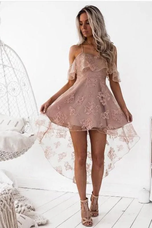 elegant ball gown evening dress-Blush Straps Fashion A-Line Lace Off-Shoulder High Low Short Homecoming Party Dress