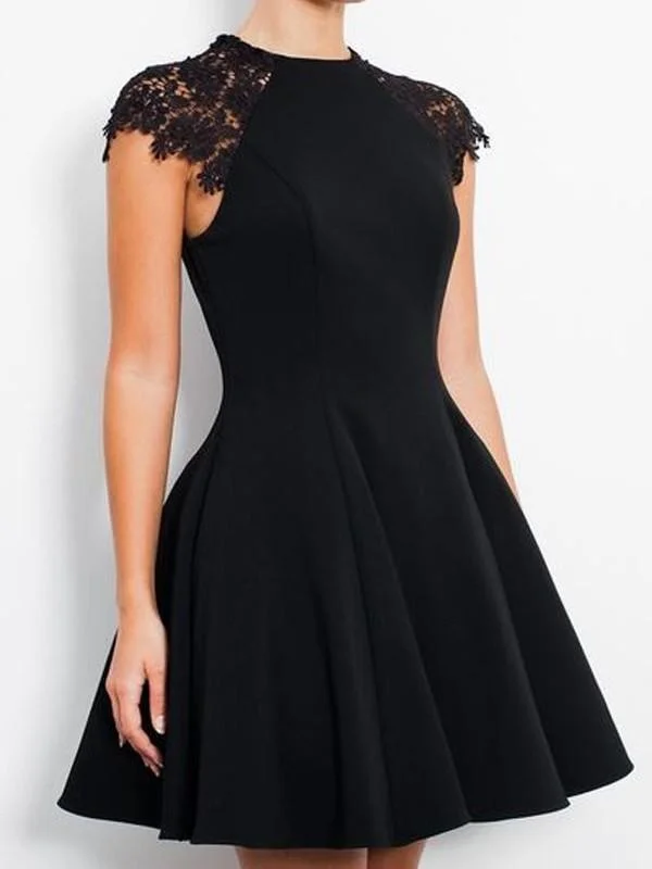 evening dress with cape-Bridelily A-Line Jersey Scoop Sleeveless Short/Mini With Lace Dresses