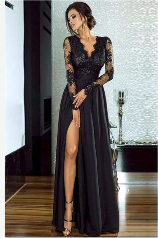 elegant white evening dress-Bridelily A-line Long Sleeves V-neck Split Floor-length Lace Appliques Prom Dresses