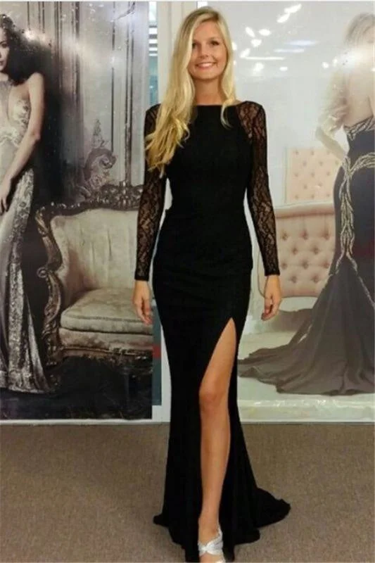 evening dress with fringe-Bridelily Black Bateau Spandex Evening Dresses Backless Long Sleeves 2019 Prom Dresses