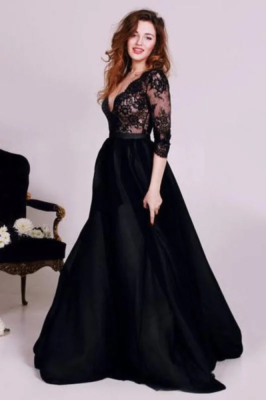 evening dress with train-Bridelily Black Deep V-Neck Lace Formal Occasion Dress Gorgeous A-Line 3/4 Long Sleeve Evening Gown JT127