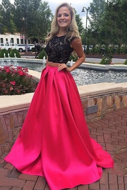 evening dress with mesh overlay-Bridelily A-Line Halter Two Piece Prom Dress Black Lace Beading 2019 Formal Occasion Dresses CE0164