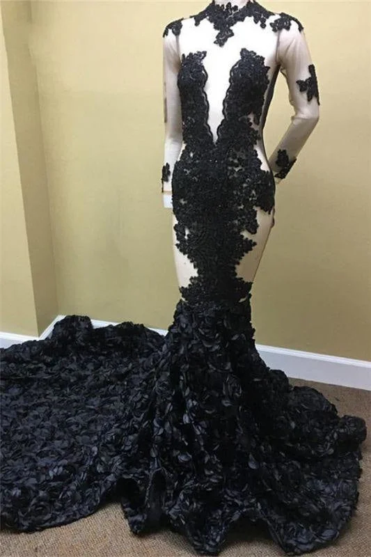 evening gown with appliqu茅s-Bridelily Black Lace Appliques Long Sleeves Prom Dresses