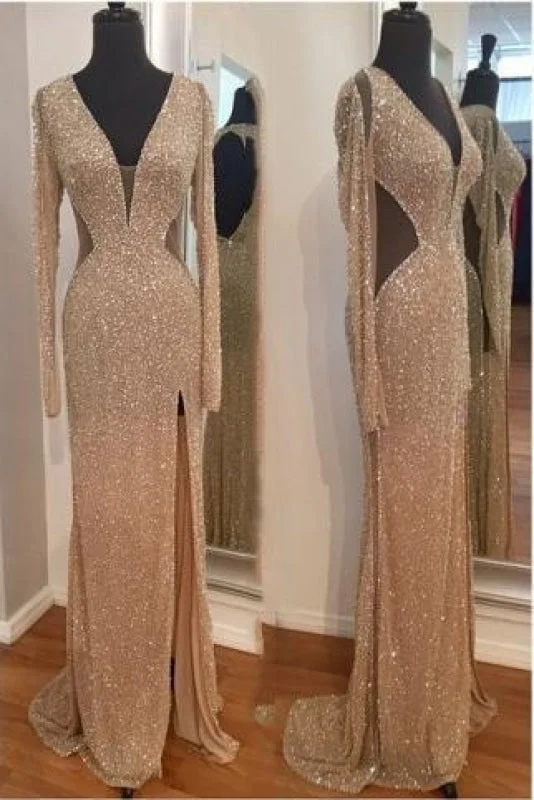 elegant satin evening dress-Bridelily 2020 Sequins Long Sleeves Sheath Prom Dresses