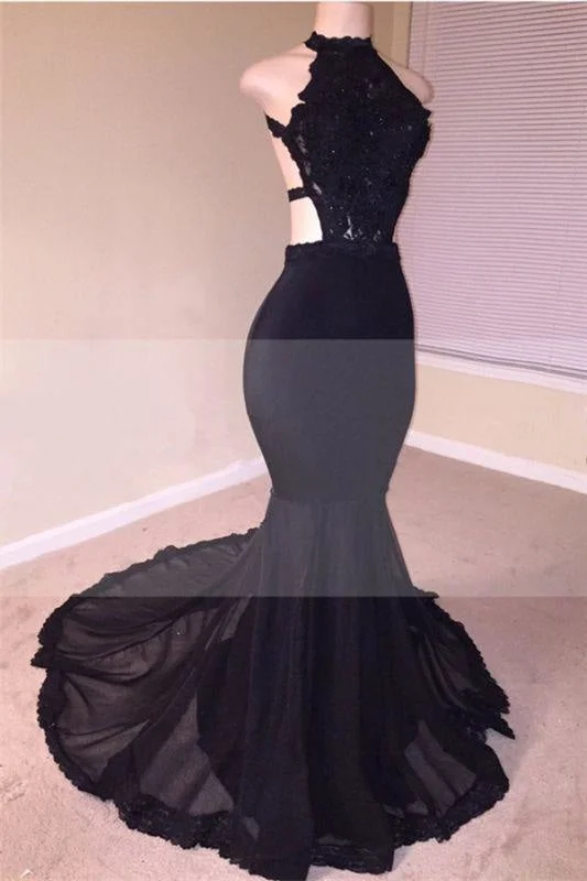 evening gown for special occasions-Bridelily Pretty Black Open Back Lace Prom Dresses | 2019 Sleeveless Pretty Tulle Cheap Evening Gown