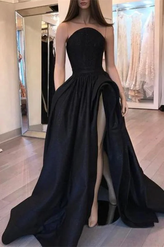 evening dress with sequins-Bridelily Sexy Black Slit Sleeveless Designer Evening Dress