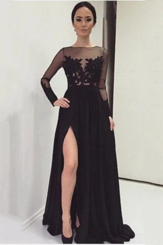 evening dress with side slit-Bridelily A-Line Black Long Sleeve Tulle Lace Evening Dress Latest Sweep Train Side Slit Prom Dresses TB0258