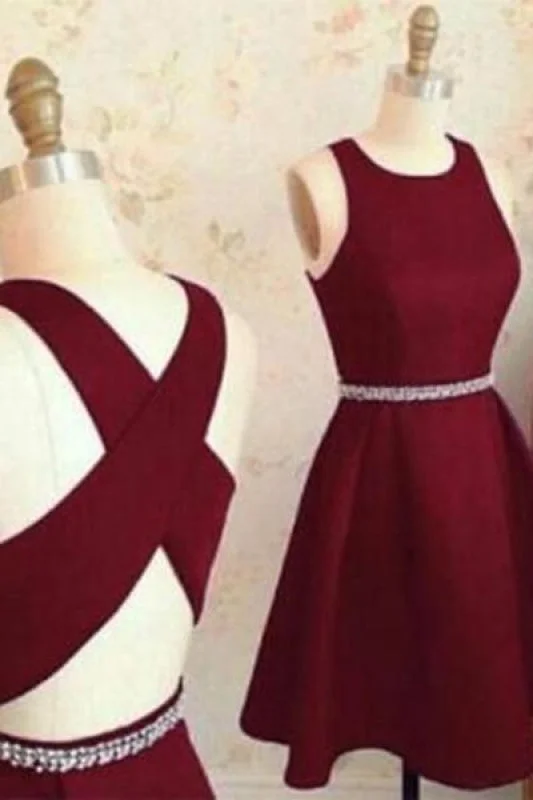 spaghetti strap evening gown-Burgundy Cute Short Prom Dresses Sleeveless Satin Homecoming Party Dress with Beads