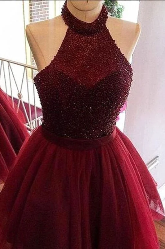 illusion neckline evening gown-Burgundy Halter Beading Tulle Short Prom/Homecoming Backless Party Dresses