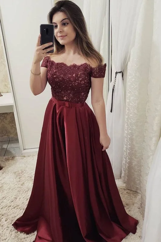 elegant formal black evening gown-Burgundy Off Shoulder Satin Prom Dress with Lace A Line Cheap Formal Dresses