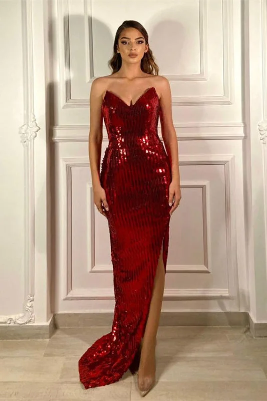 empire waist evening gown-Burgundy Prom Dress, V-Neck Sequins, Mermaid