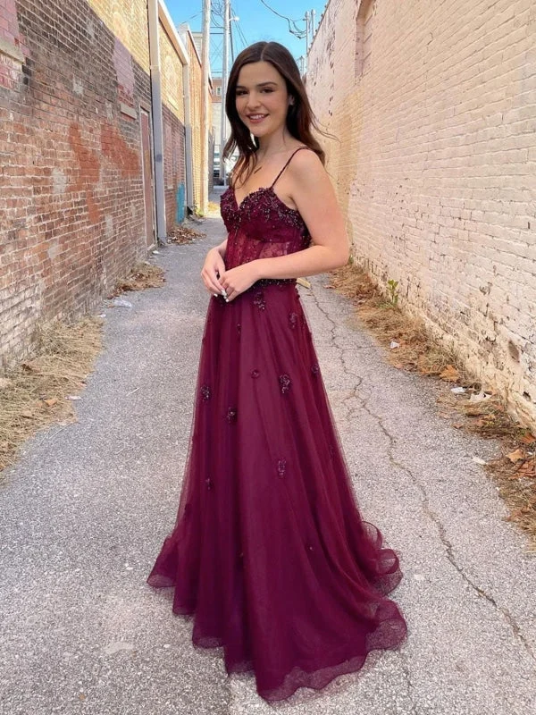 high slit evening dress-Burgundy Tulle A Line Lace Beaded Long Prom Dresses, Beaded Burgundy Formal Graduation Evening Dresses