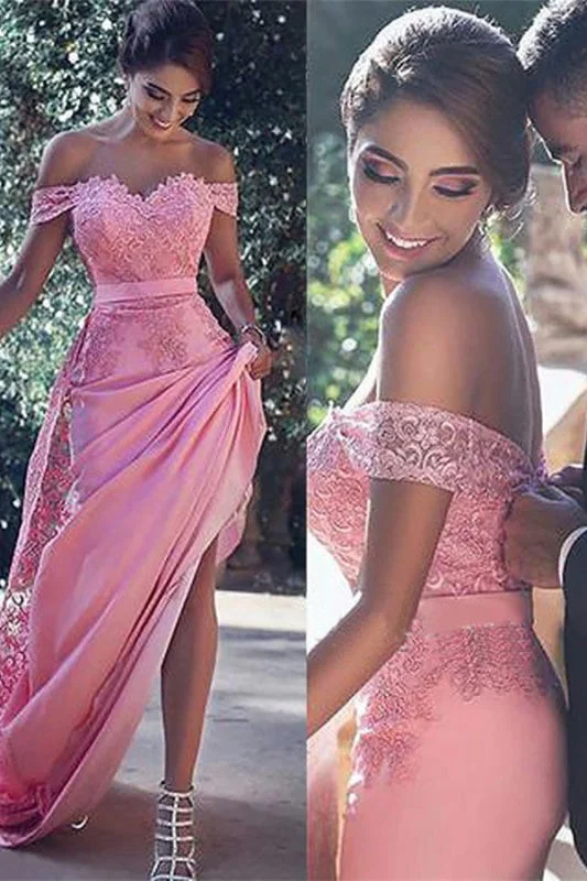 evening dress with embroidery-Candy Pink Off-the-Shoulder Prom Dress