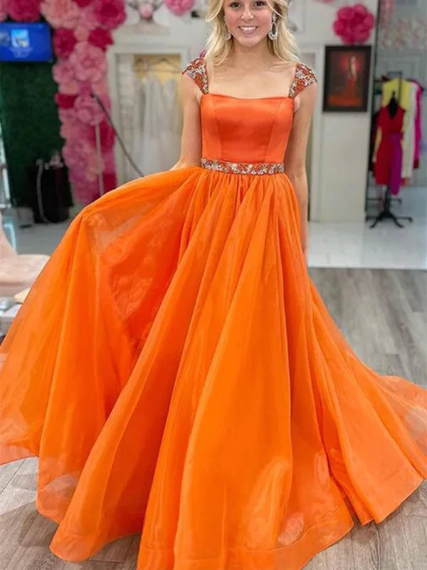 evening gown with pleated skirt-Cap Sleeves Beaded Orange Tulle Long Prom Dresses, Orange Tulle Formal Graduation Evening Dresses