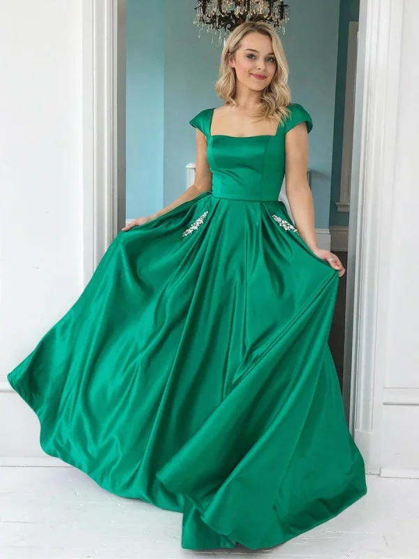 formal evening gown-Cap Sleeves Green Satin Long Prom with Pocket, Green Formal Graduation Evening