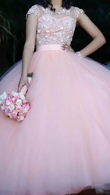 black lace evening dress-Cap Sleeves Pink Prom Dresses Tulle