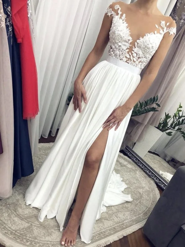 evening gown with beads-Cap Sleeves Round Neck White Lace Long Wedding, Cap Sleeves White Lace Formal Evening Prom