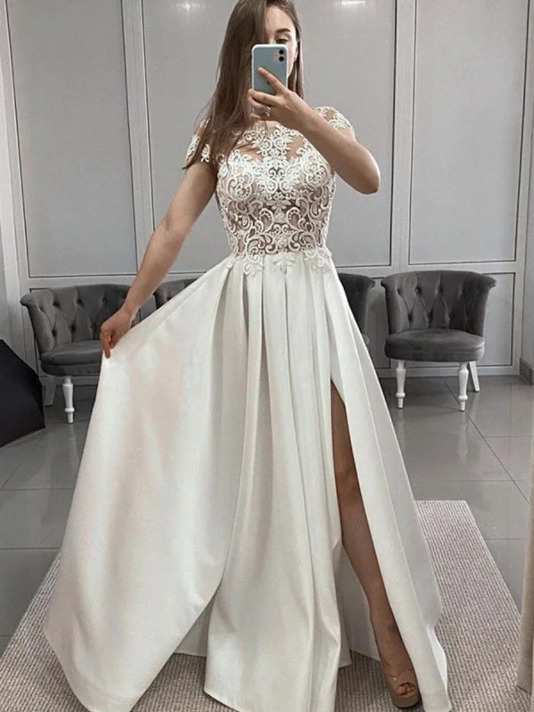 layered evening dress-Cap Sleeves White Lace Long Prom with Slit, White Lace Formal Graduation Evening