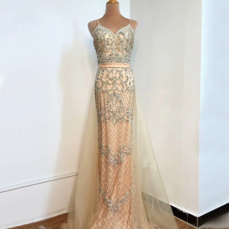 jewel neckline evening dress-Champagne Sequined Mesh Prom Dress with Sleeveless A-Line Backless Style