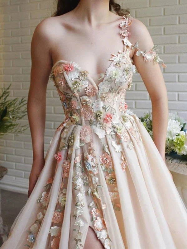 velvet evening gown-Charming One Shoulder Floral Champagne Long Prom, 3D Flowers Champagne Formal Evening