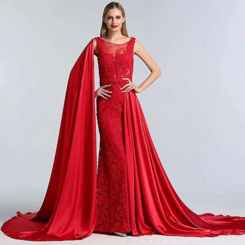 evening gown with crystal embellishments-Charming Red Lace Printed A-Line Long Prom Dress with Trail