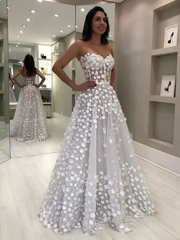 off shoulder evening dress-Charming Strapless Light Gray Long Prom with White Appliques, White Floral Light Gray Wedding, Formal Evening