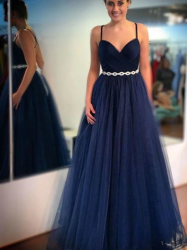 bodycon evening gown-Charming V Neck Navy Blue Tulle Long Prom Dresses with Belt, Navy Blue Formal Graduation Evening Dresses