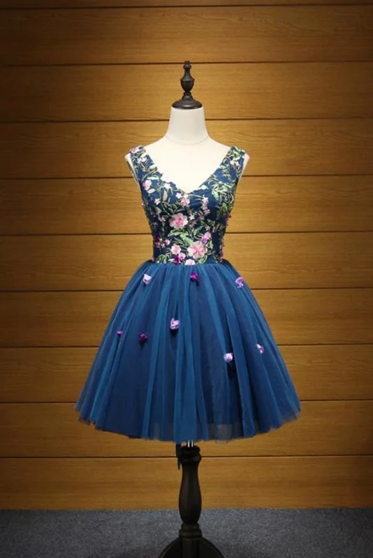 floor-length evening gown-Cheap Dark Blue V Neck Tulle Short Homecoming Dress with Appliques