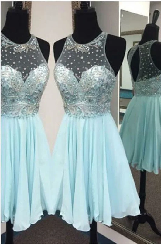 high neck formal evening gown-Cheap Light Blue Beaded Sleeveless Chiffon Juniors Homecoming Dresses