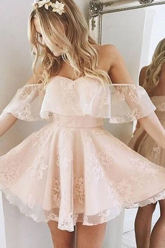 asymmetrical evening gown-Cheap Pearl Pink Lace Sweet Homecoming Dress