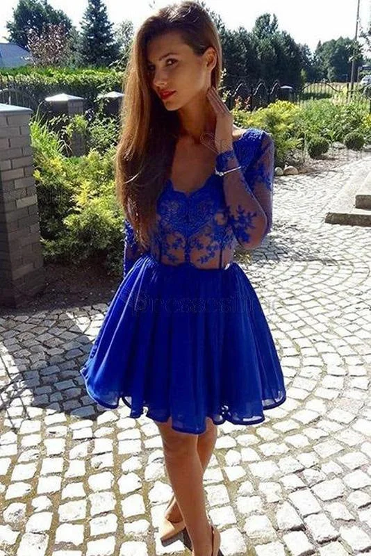 evening dress with plunging neckline-Chic Excellent Elegant A-Line V-Neck Long Sleeves Chiffon Lace Homecoming Royal Blue Party Dress