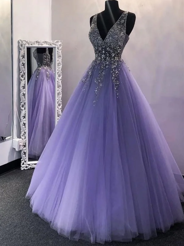 elegant evening dress-Chic V Neck Sequins Purple Tulle Long Prom Dresses, V Neck Lilac Formal Evening Dresses, Purple Ball