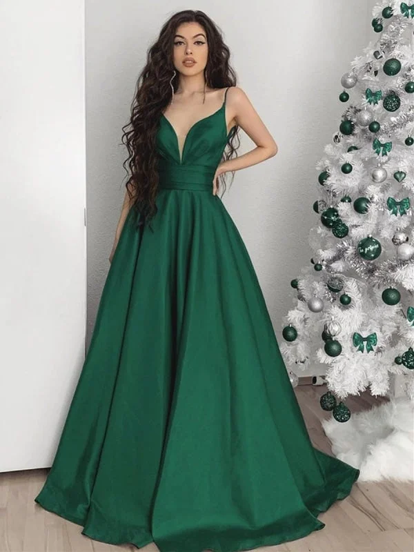 flared evening dress-Custom Made A Line V Neck Emerald Green Long Prom, Green V Neck Long Formal Evening