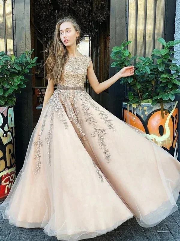 elegant evening dress with train-Custom Made Cap Sleeves Champagne Lace Long Prom Dresses, Cap Sleeves Champagne Lace Formal Dresses, Champagne Lace Evening Dresses, Champagne Ball