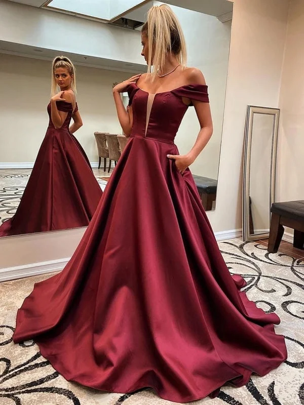 illusion neckline evening gown-Custom Made Off Shoulder Burgundy Long Prom with Pocket, Off Shoulder Maroon Formal, Wine Red Evening