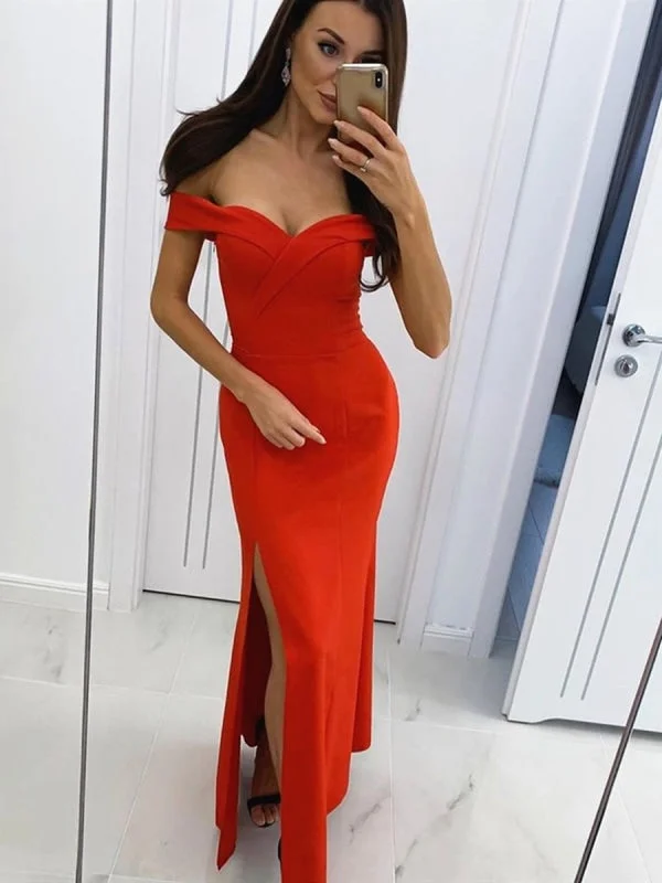 elegant cocktail evening dress-Custom Made Off Shoulder Mermaid Red Black Prom with Split, Off Shoulder Mermaid Black Red Formal, Mermaid Black Red Evening