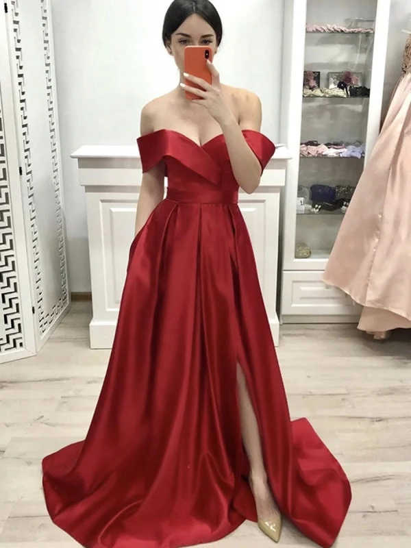 evening dress with sequins-Custom Made Off Shoulder Red Satin Long Prom with Slit, Off the Shoulder Red Formal, Red Evening