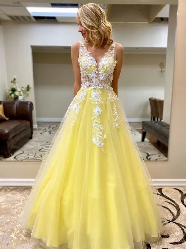 royal blue evening gown-Custom Made V Neck White Lace Appliques Yellow Long Prom, Yellow Lace Formal Graduation Evening