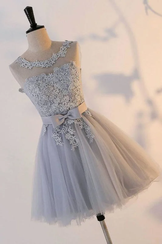 elegant ball gown evening dress-Cute A Line Appliqued Homecoming with Bowknot Cheap Tulle Short Prom Dress