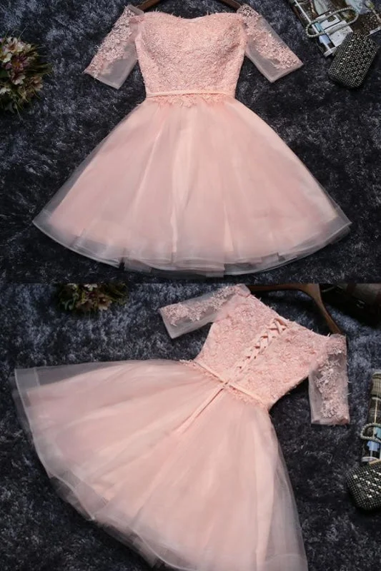 high-low evening gown-Cute Appliques Tulle Half Sleeves Short Prom Mini Off-shoulder Homecoming Dress