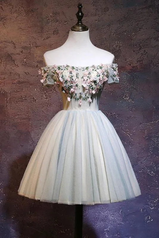 cap sleeve evening gown-Cute Off the Shoulder Tulle Homecoming Light Green Short Prom Dress with Flowers